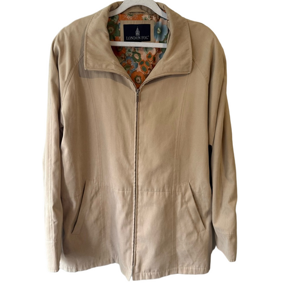 London Fog Jackets & Blazers - London Fog Light Tan Beige Zippered Jacket with Floral Lining Women’s XL
